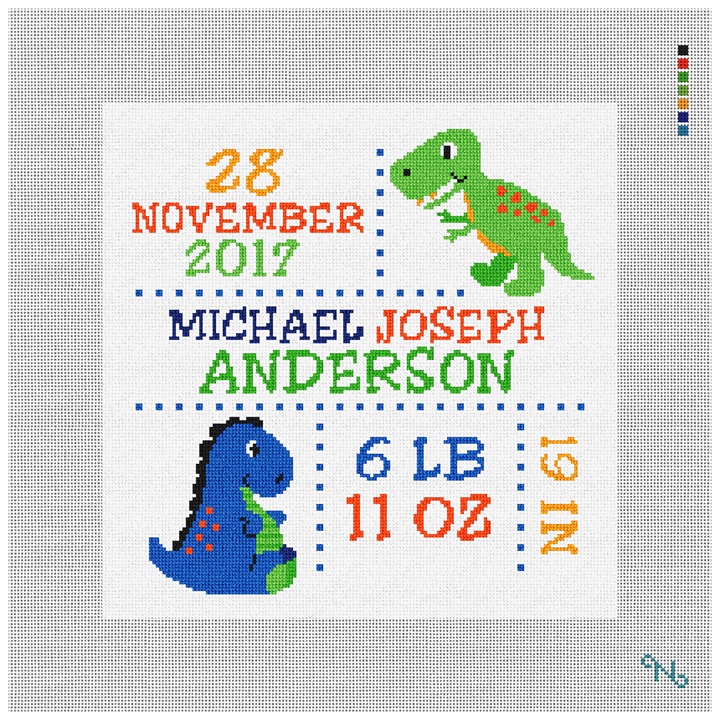 Dinosaur Birth Announcement Needlepoint Kit Stitched Preview