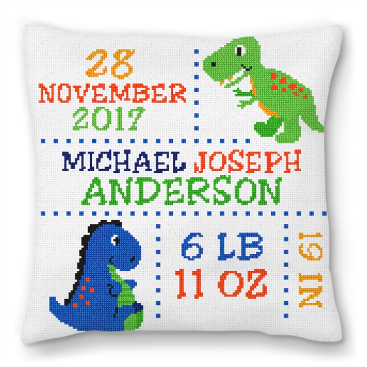 Dinosaur Birth Announcement Needlepoint Pillow