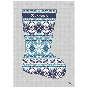 Fair Isle Blues Needlepoint Stocking Kit Stitched Preview