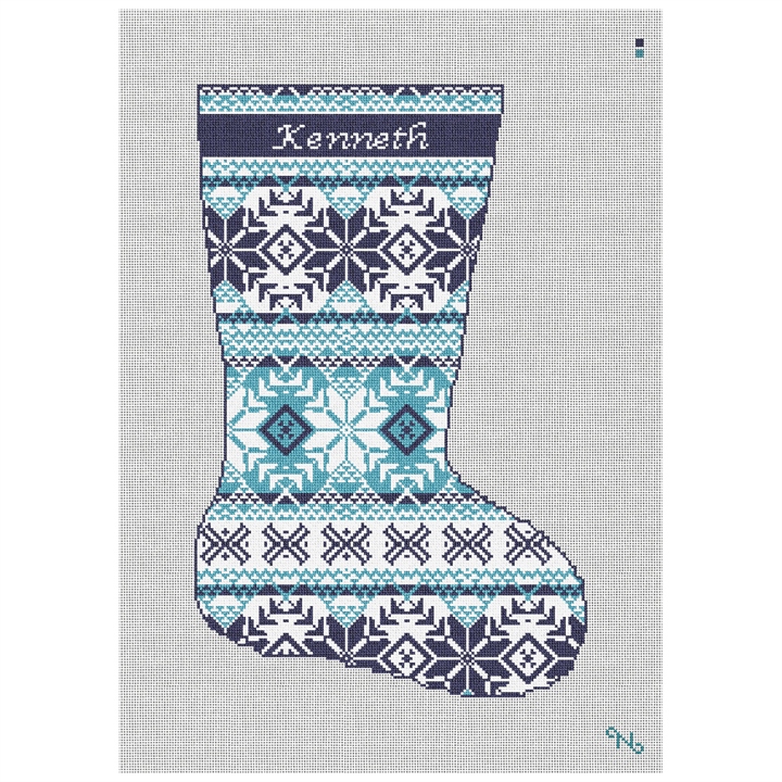 Fair Isle Blues Needlepoint Stocking Kit Stitched Preview