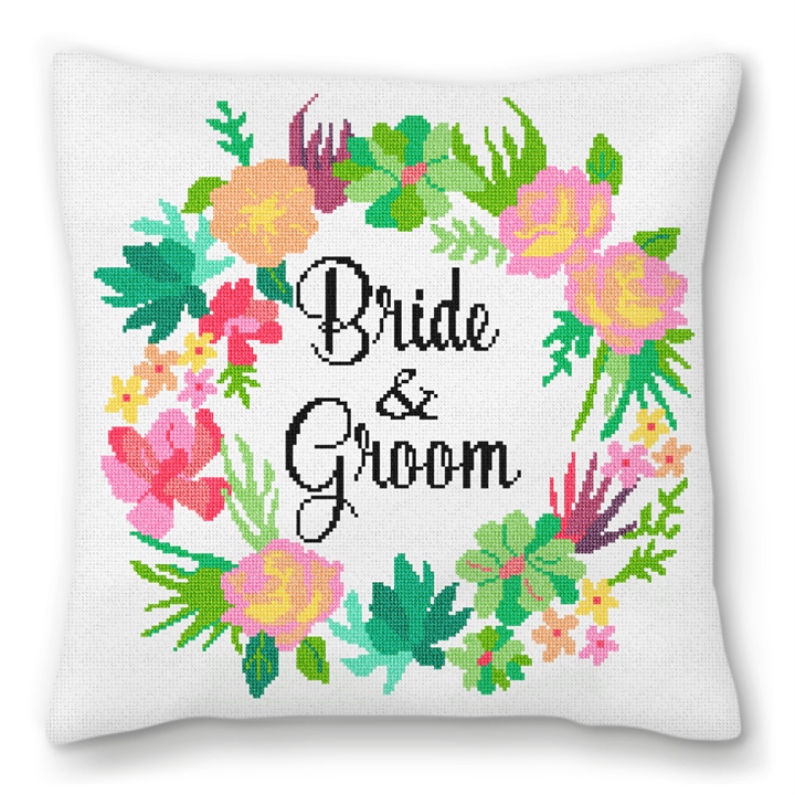 Floral Wreath Wedding Needlepoint Pillow