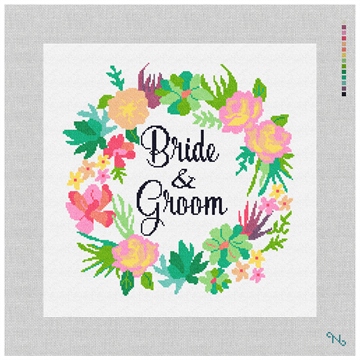Floral Wreath Wedding Needlepoint Pillow Kit Stitched Preview
