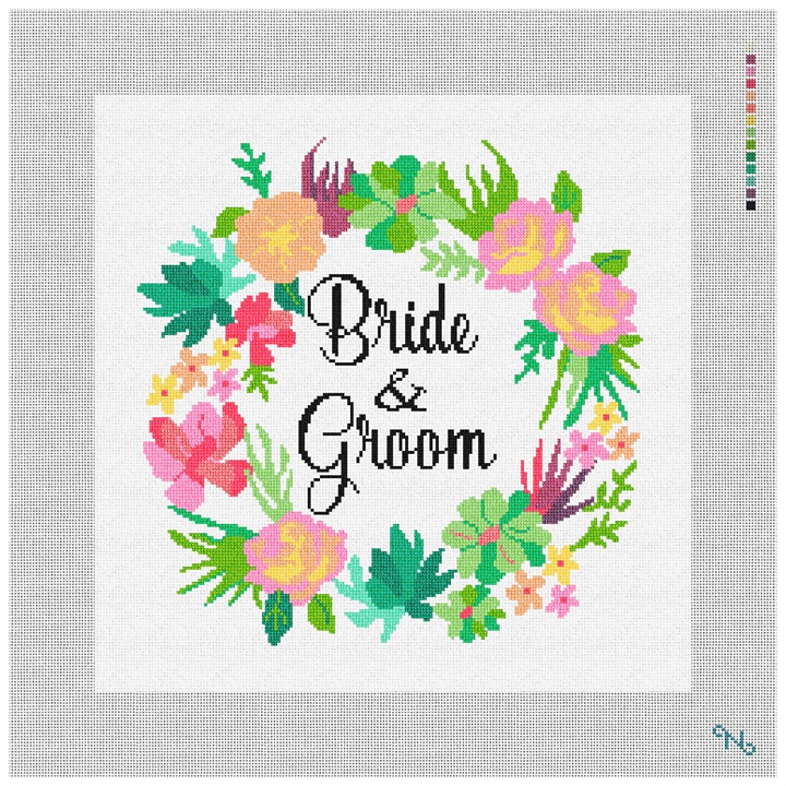 Floral Wreath Wedding Needlepoint Pillow Kit Stitched Preview