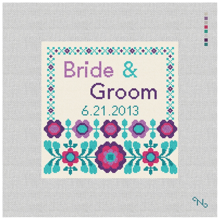 FlowerPop Wedding Pillow Needlepoint Kit Stitched Preview