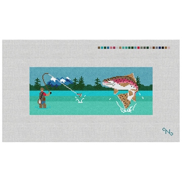 Fly Fishing Landscape Needlepoint Wallet Kit Stitched Preview