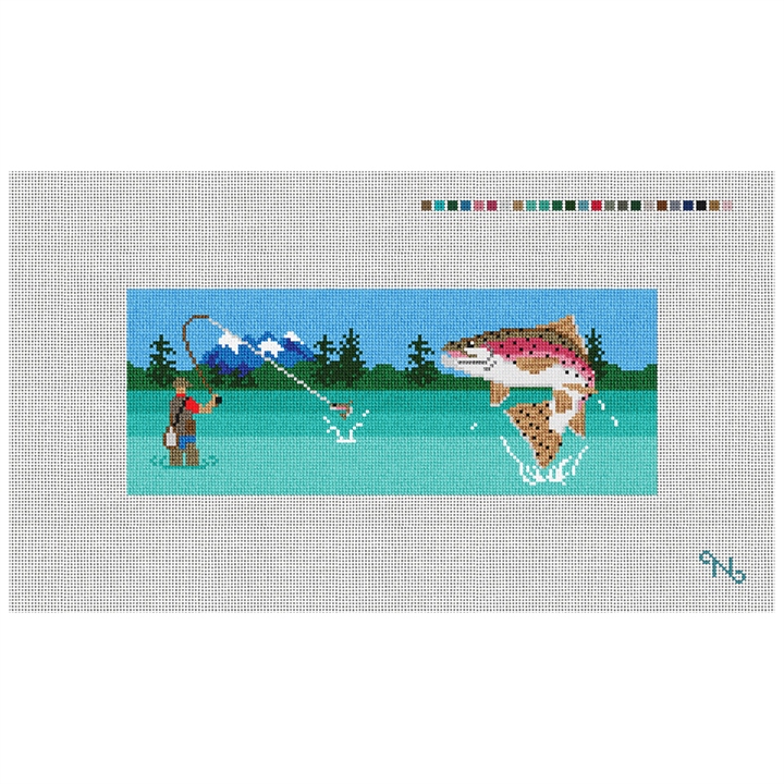 Fly Fishing Landscape Needlepoint Wallet Kit Stitched Preview