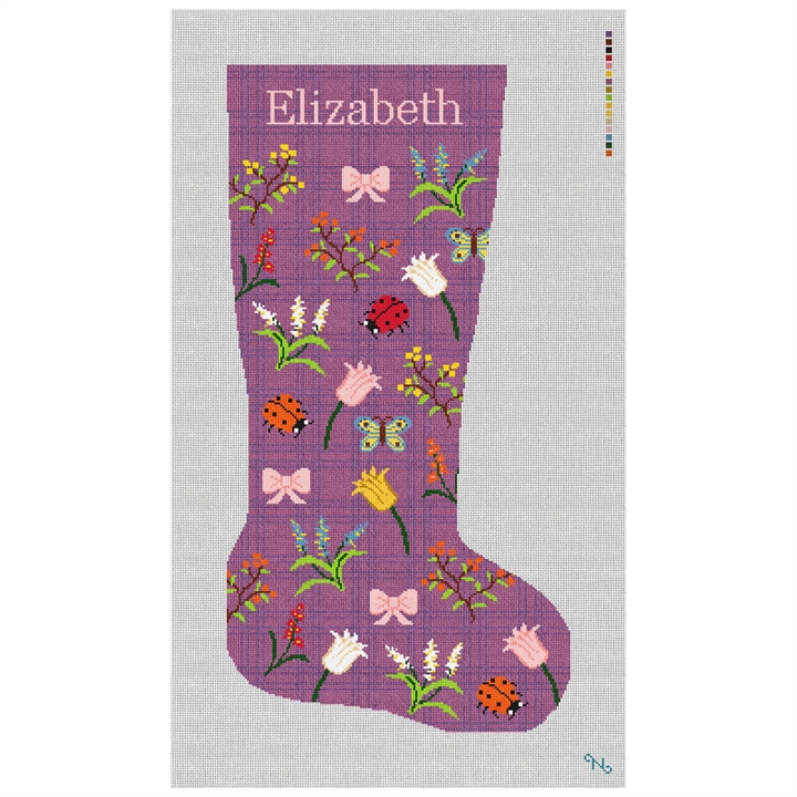 Garden Trellis Aubergine Stocking Needlepoint Kit Stitched Preview