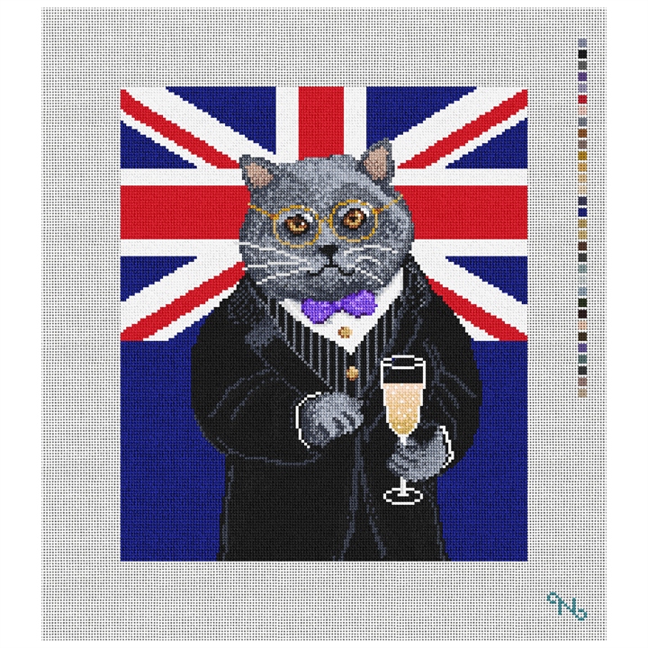 Gentleman Cat Needlepoint Pillow Kit Stitched Preview
