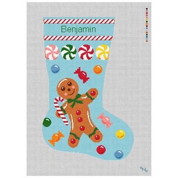 Gingerbread Man Blue Stocking Needlepoint Kit Stitched Preview