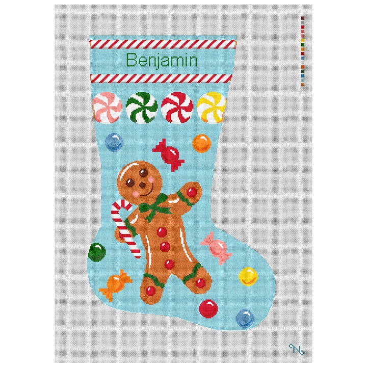 Gingerbread Man Blue Stocking Needlepoint Kit Stitched Preview