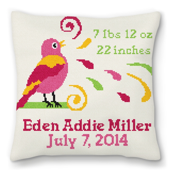 Girls Bird Bath Birth Announcement Needlepoint Pillow