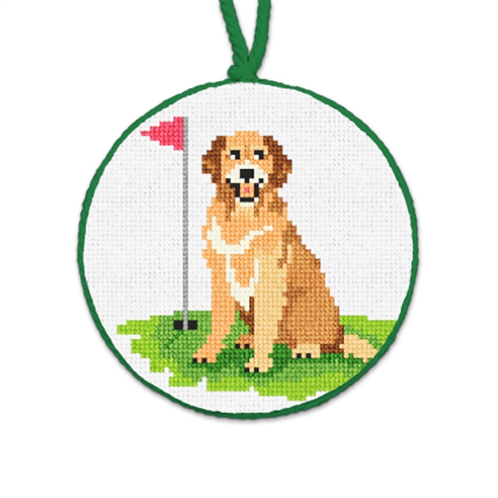 Golfing Golden Retriever Needlepoint Ornament