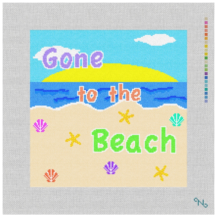 Gone to the Beach Pillow Needlepoint Kit Stitched Preview