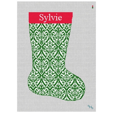 Green Damask Needlepoint Stocking Kit Stitched Preview