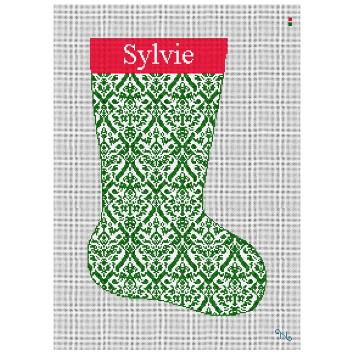 Green Damask Needlepoint Stocking Kit Stitched Preview