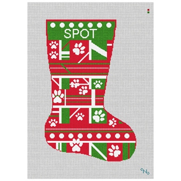 Green Paw Print Needlepoint Stocking Kit Stitched Preview