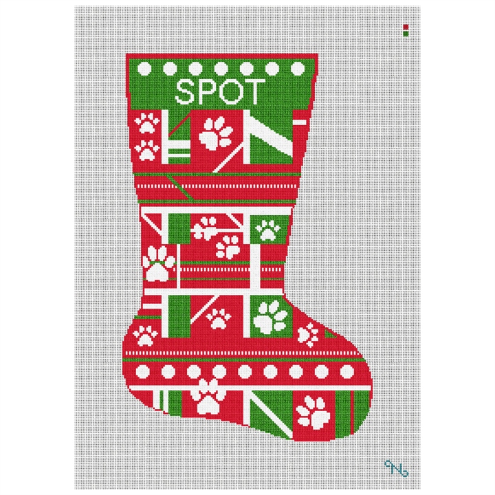 Green Paw Print Needlepoint Stocking Kit Stitched Preview