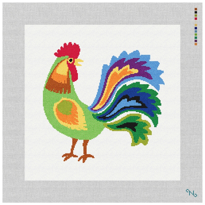 Green Rooster Needlepoint Pillow Kit Stitched Preview