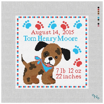 Happy Puppy Birth Announcement Needlepoint Kit Stitched Preview