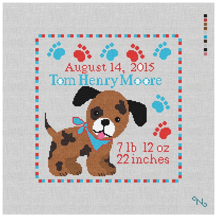 Happy Puppy Birth Announcement Needlepoint Kit Stitched Preview