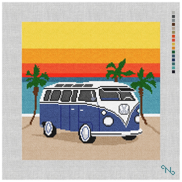 Hippie Van Needlepoint Pillow Kit Stitched Preview