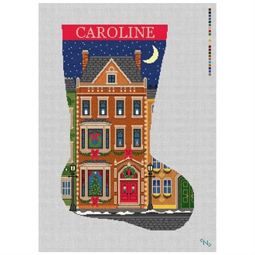 Holiday Brownstone Stocking Needlepoint Kit Stitched Preview