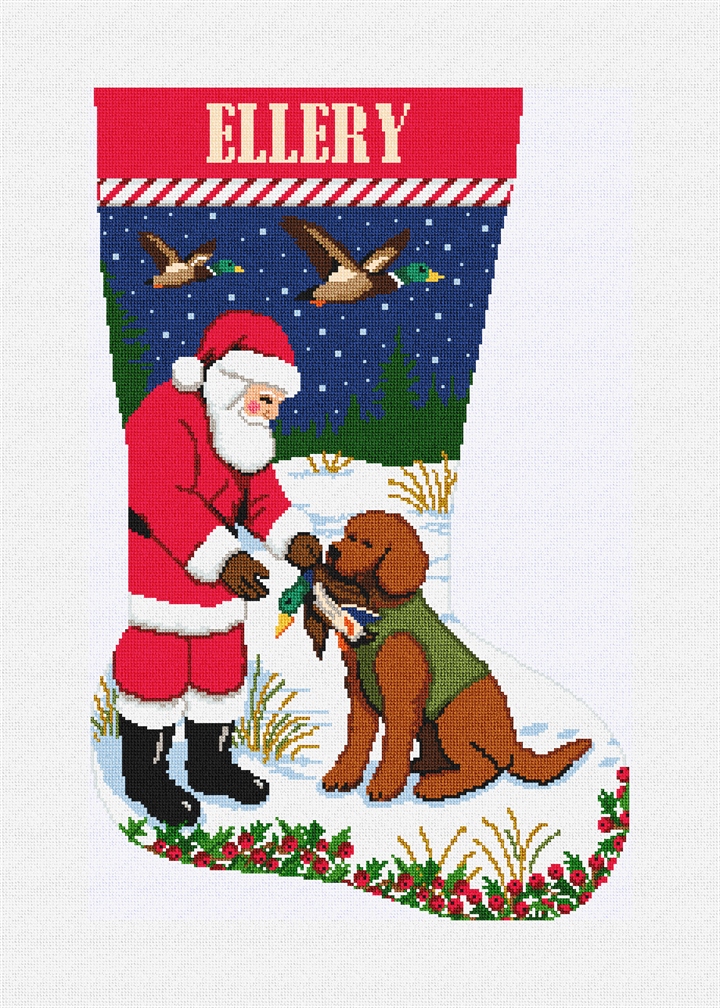 Holiday Hunting Buddies Stocking Needlepoint Kit Stitched Preview