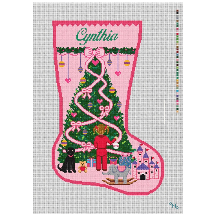 Holiday In The Pink Stocking Needlepoint Kit Stitched Preview