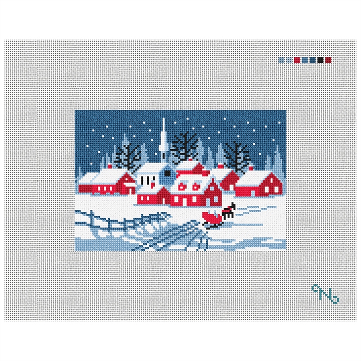 Holiday Sleigh Ride Vintage Card Needlepoint Kit Stitched Preview