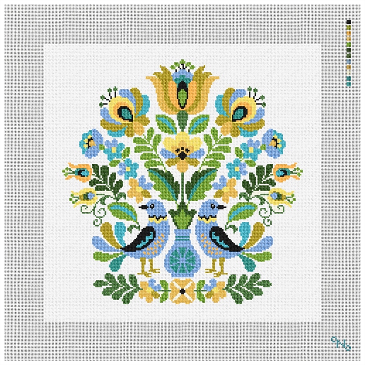 Hungarian Folk Design Needlepoint Pillow Kit Stitched Preview