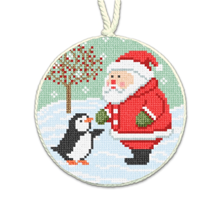 Jolly Santa and Penguin Needlepoint Ornament