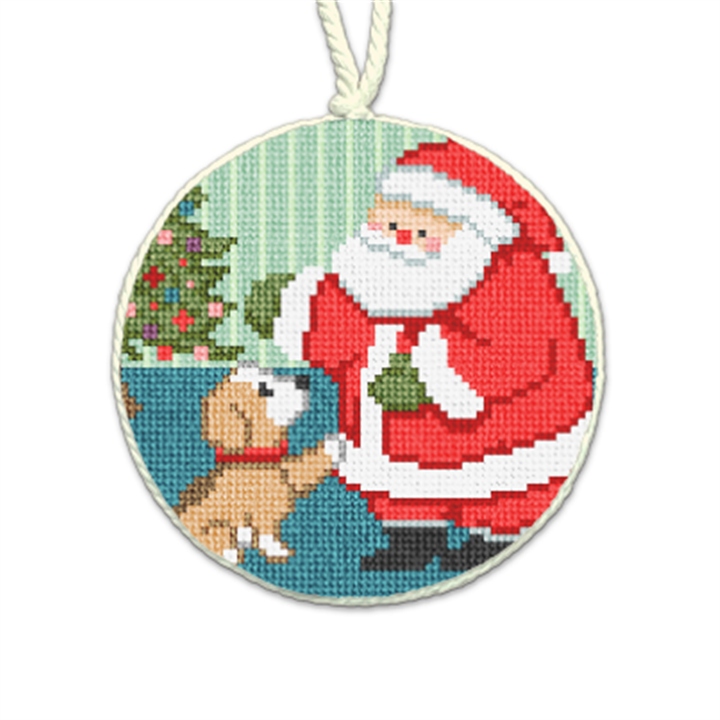 Jolly Santa and Puppy Needlepoint Ornament
