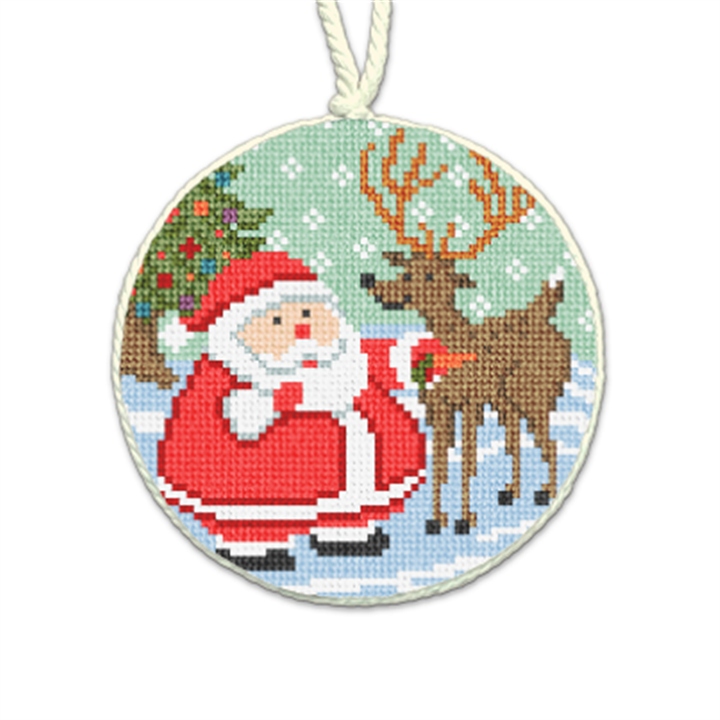 Jolly Santa and Reindeer Needlepoint Ornament