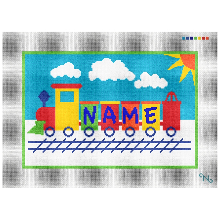 Kids Train Personalized Needlepoint Kit Stitched Preview