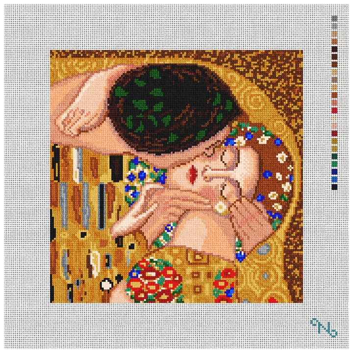 Klimt's Kiss Needlepoint Pillow Kit Stitched Preview