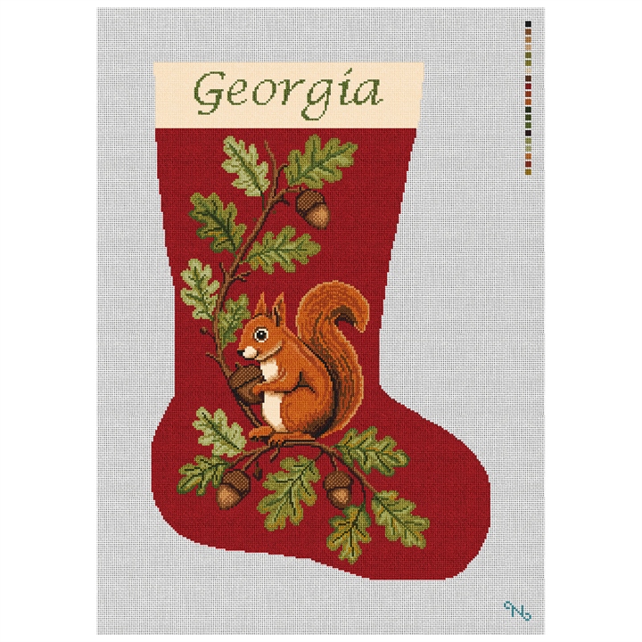 Merry Squirrel Stocking Needlepoint Kit Stitched Preview