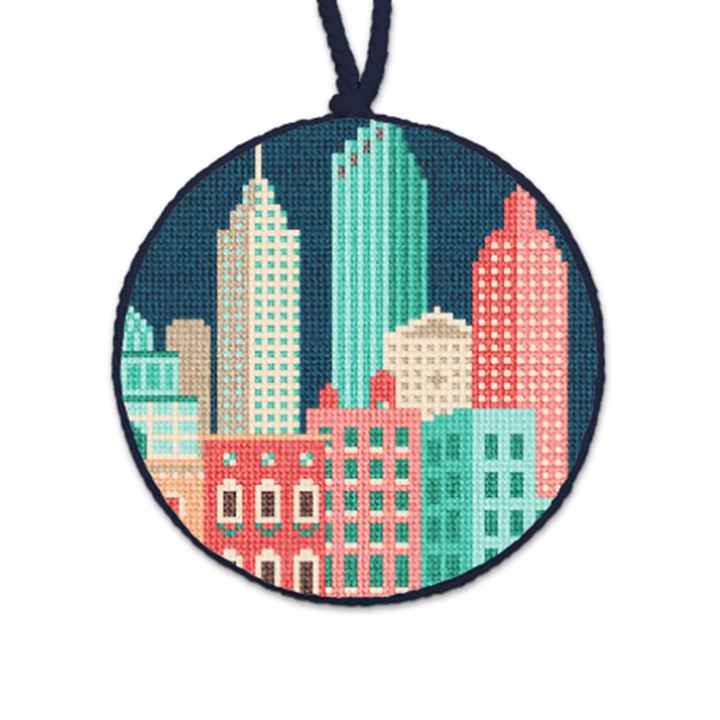 Mid-Century City Needlepoint Ornament 