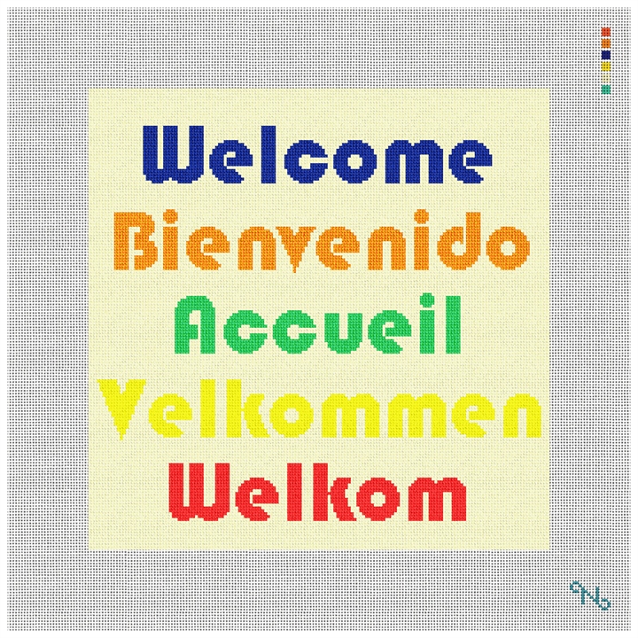 Mod Welcome Pillow Needlepoint Kit Stitched Preview