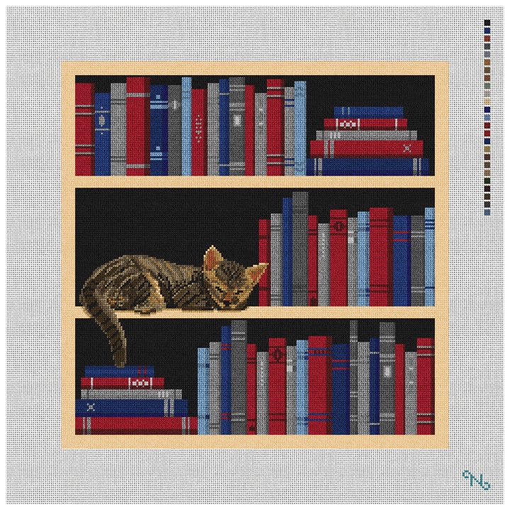 My Bookshelf Needlepoint Pillow Kit Stitched Preview