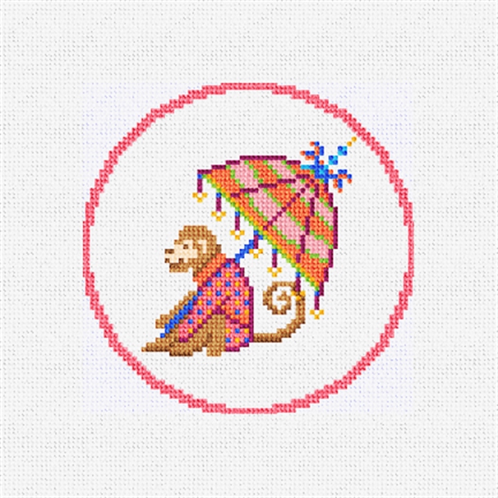 Not My Monkeys Pink Needlepoint Ornament Kit Stitched Preview