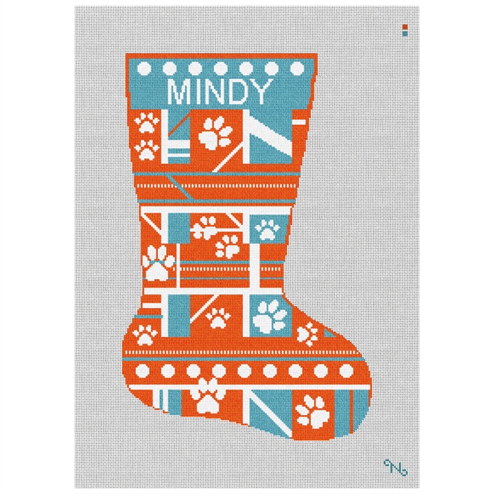 Orange Paw Print Needlepoint Stocking Kit Stitched Preview