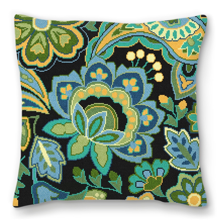 Paisley Floral Blue Needlepoint Pillow