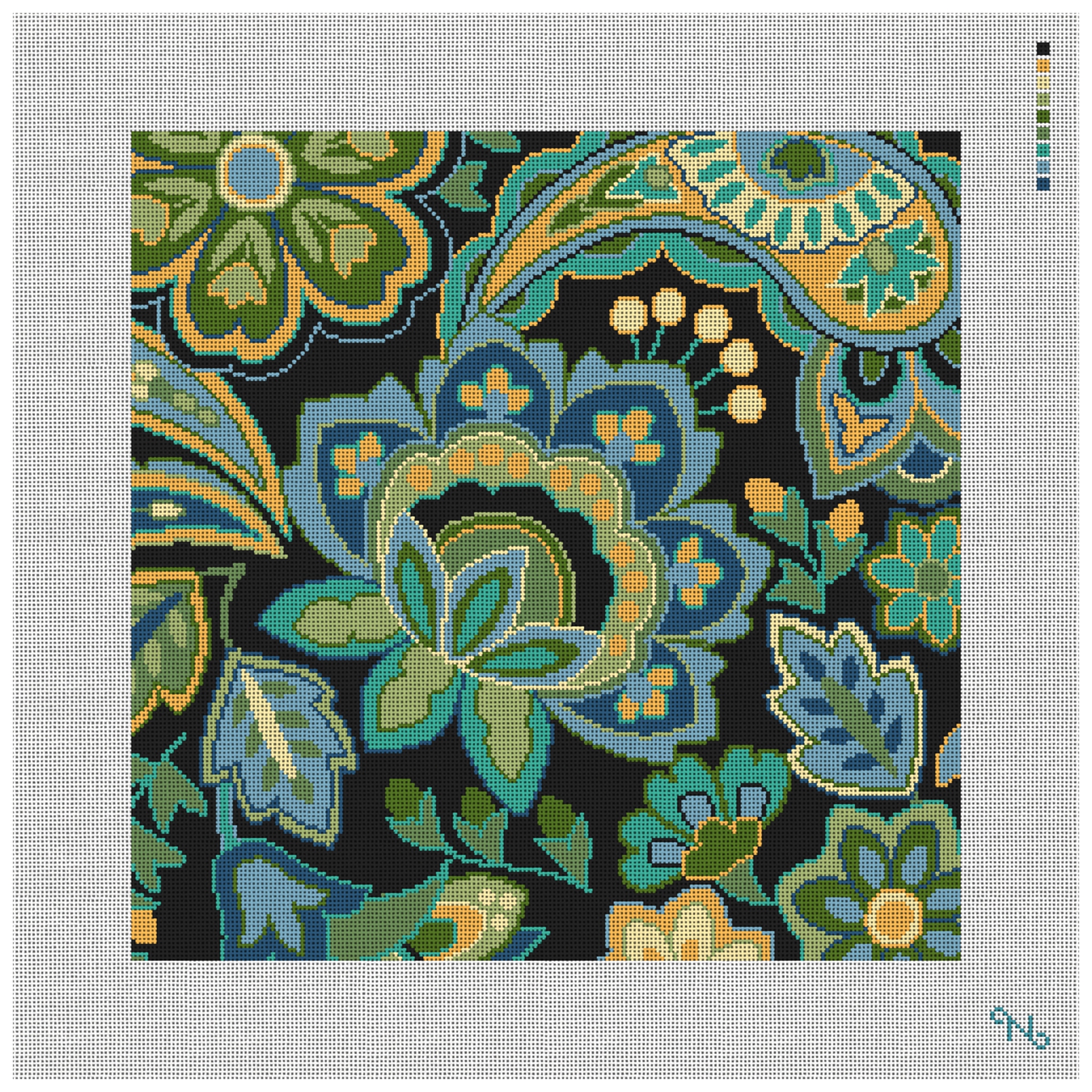 Paisley Floral Blue Needlepoint Pillow Kit
