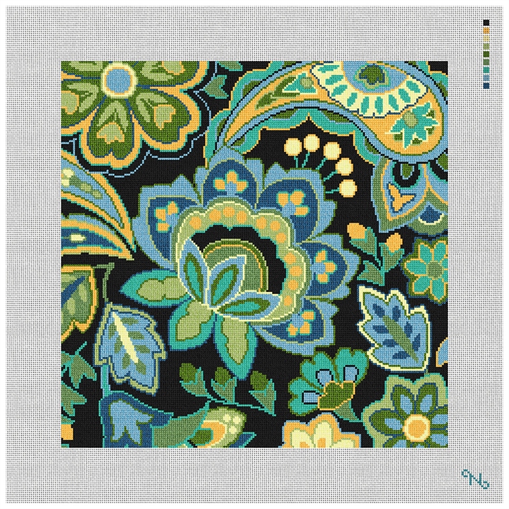 Paisley Floral Blue Needlepoint Pillow Kit Stitched Preview