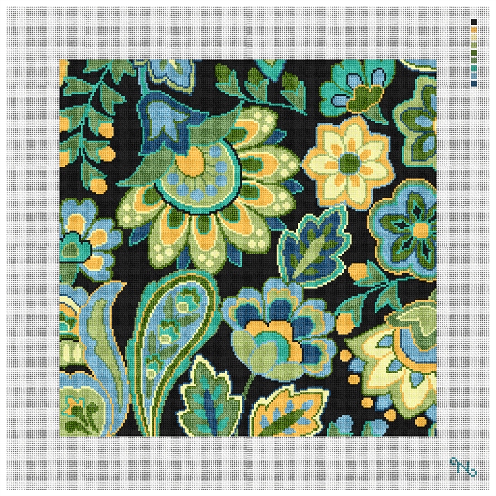 Paisley Floral Green Needlepoint Pillow Kit Stitched Preview