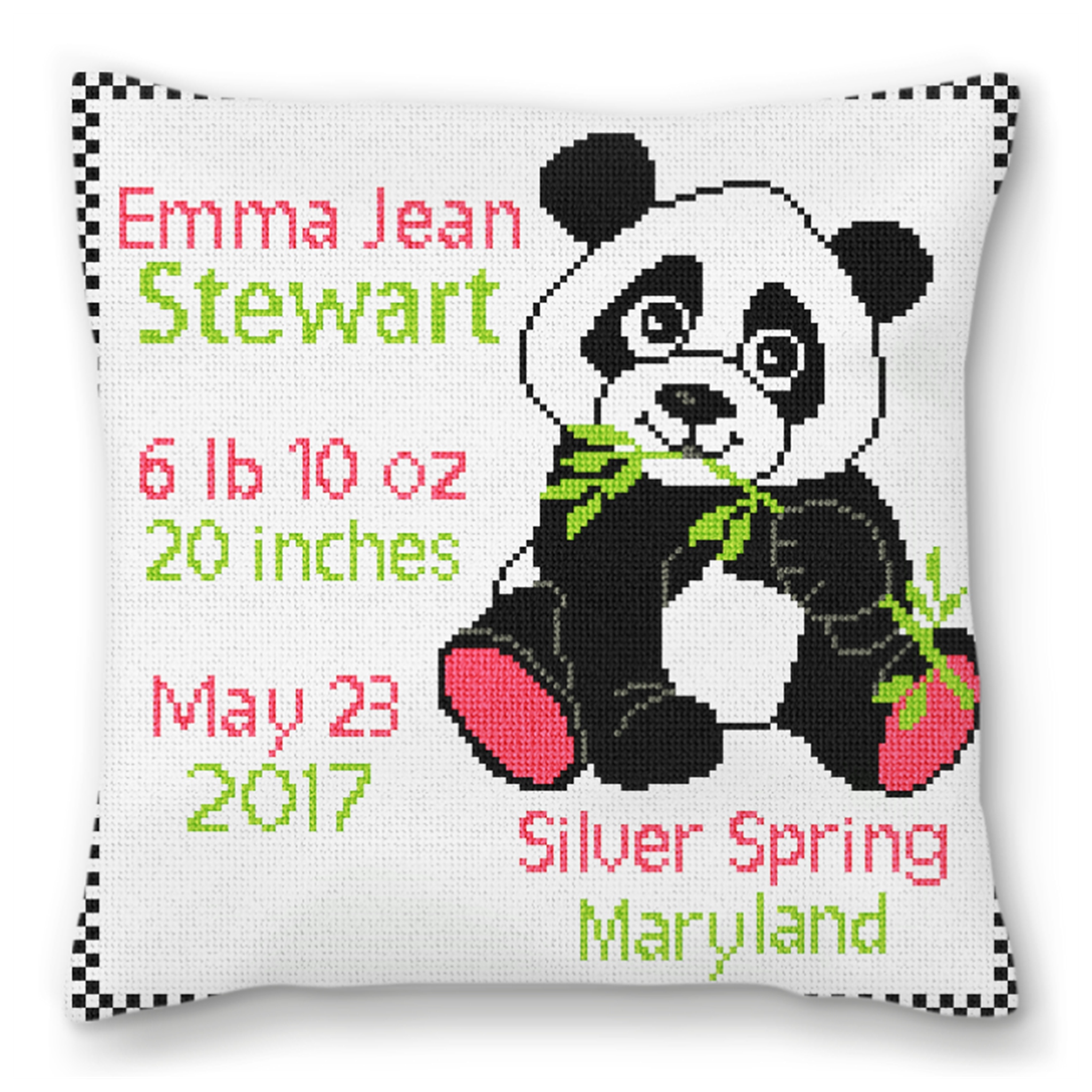 Panda Birth Announcement Needlepoint Pillow