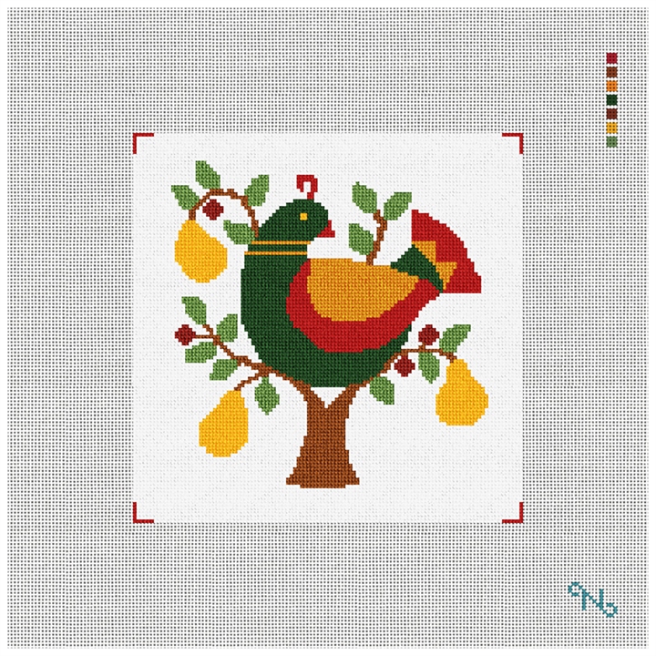 Partridge in a Pear Tree Needlepoint Kit Stitched Preview