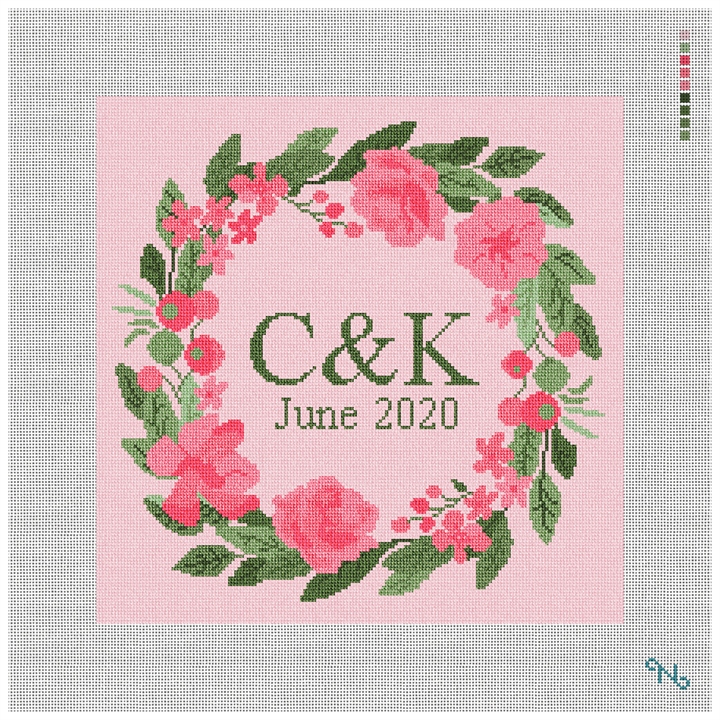 Pink Blush Wedding Needlepoint Pillow Kit Stitched Preview
