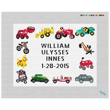 Playful Wheels Needlepoint Pillow Kit Stitched Preview