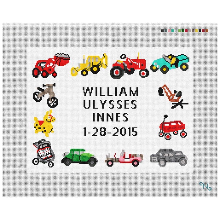 Playful Wheels Needlepoint Pillow Kit Stitched Preview